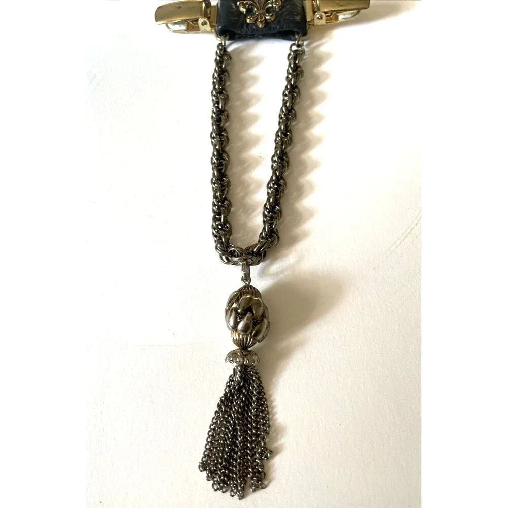 Vintage 80s Jacket Clip Goth Fleur De Lis Chain Tassel